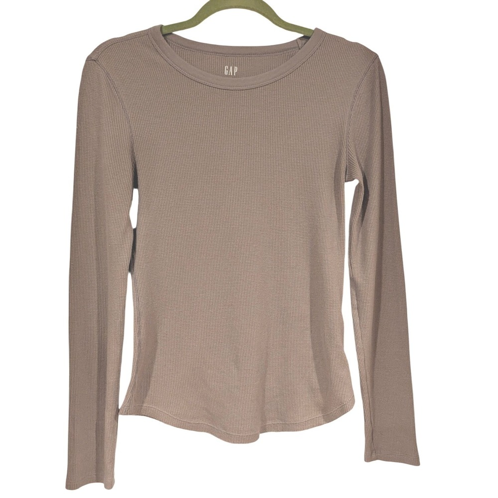 Gap Thermal Top Small Taupe Waffle Knit Long Sleeve Crew Neck Curved Hem Layer